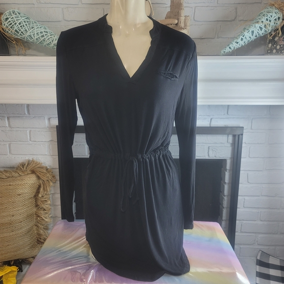One Story Dresses & Skirts - Chic Black V-Neck Dress with Drawstring Waist